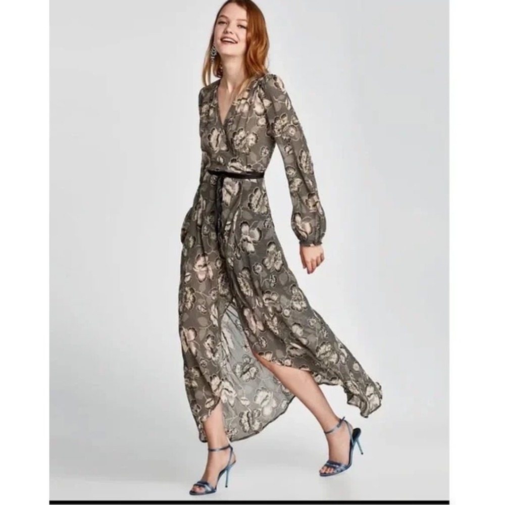 Zara Women's Small Floral Print Sheer Flowy Beaded Long Sleeve Maxi Wrap Dress - Picture 1 of 7